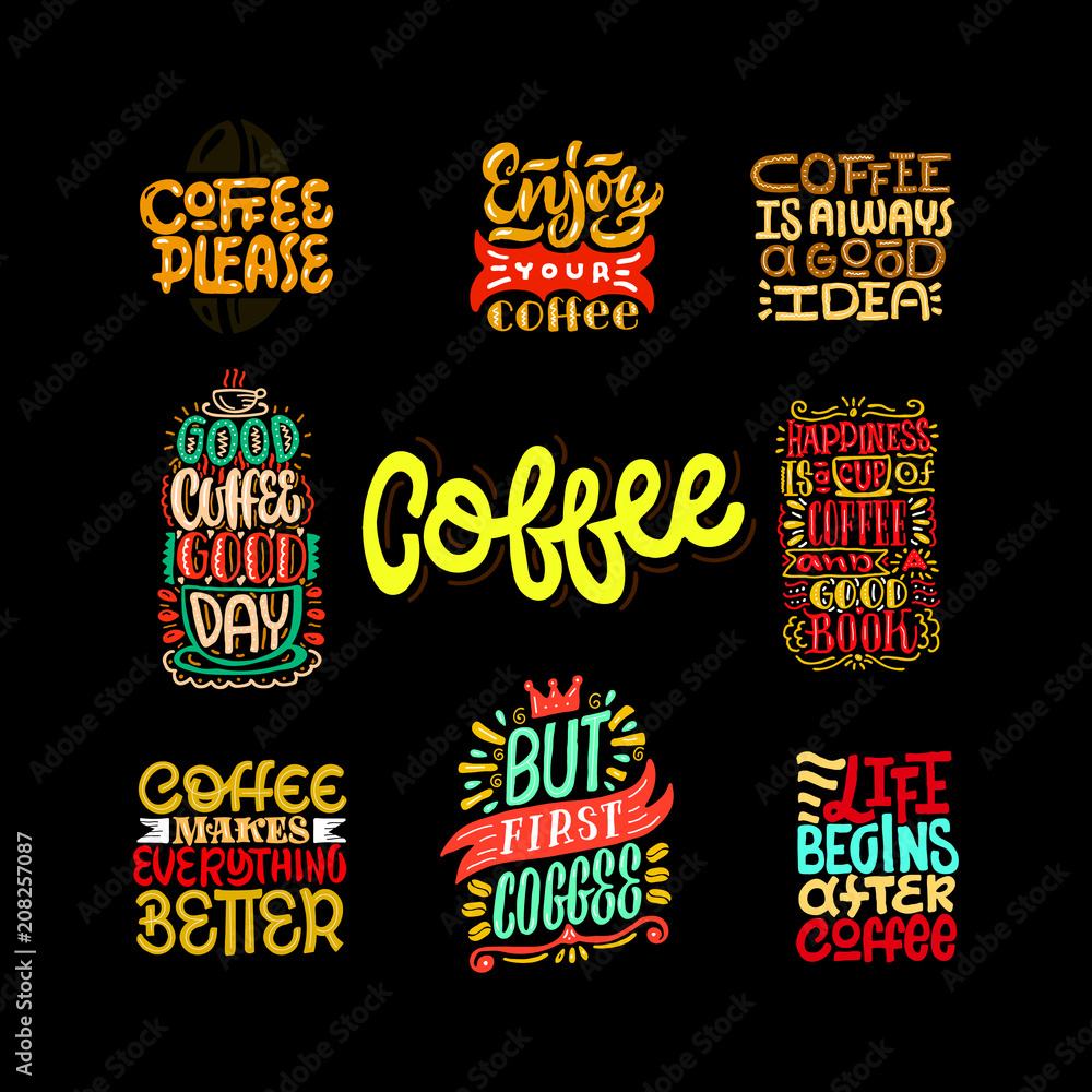 Coffee typography set. Hand drawn lettering poster. Vector illusration.