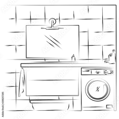  Linear sketch of an interior. Part of the bathroom. Vector illustration.