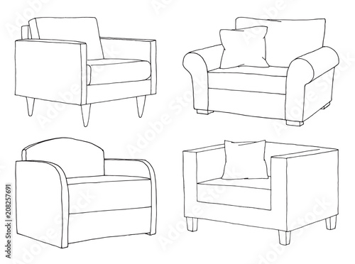 Set of different soft armchairs. Linear sketch. Vector illustration.