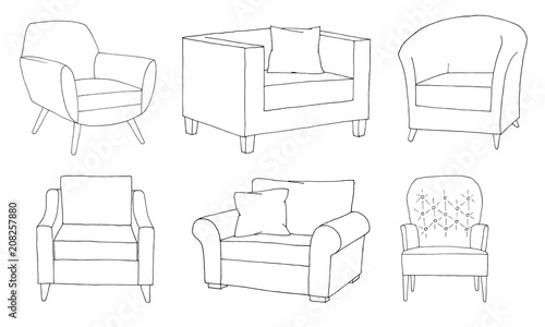 Set of different soft armchairs. Linear sketch. Vector illustration.