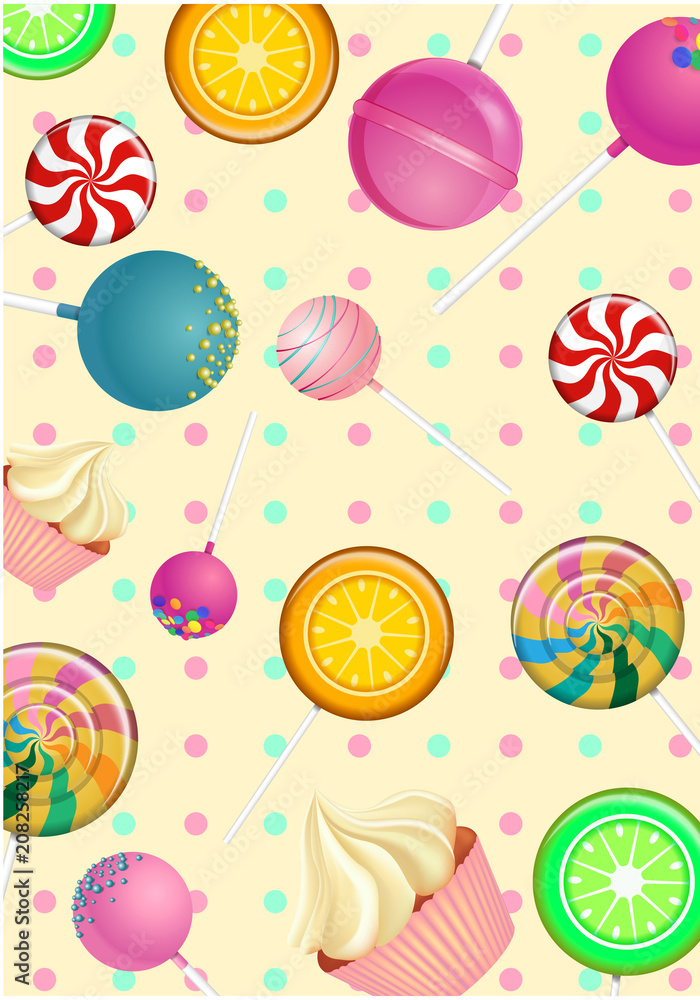 Yellow background with color lollipops pattern.