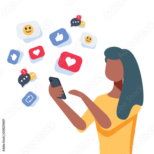 Young african-american woman using a smartphone with many social media heart like icons. Woman getting likes