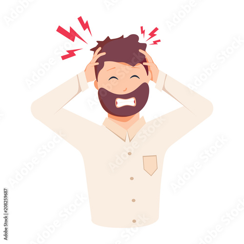 Headache, frustration, anger. Flat design vector illustration. Health And Pain. Stressed Exhausted Young man