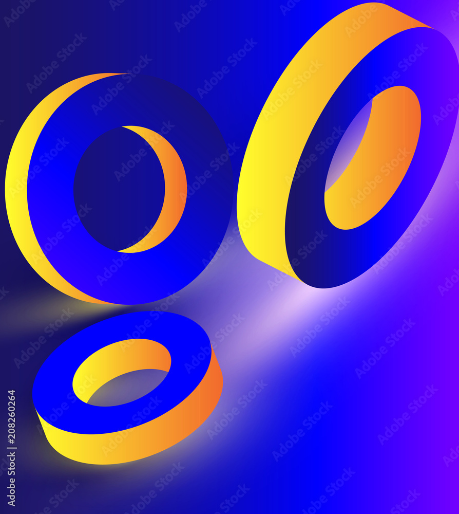 Yellow geometric 3d rings on blue background. Yellow geometric 3d rings on blue background.