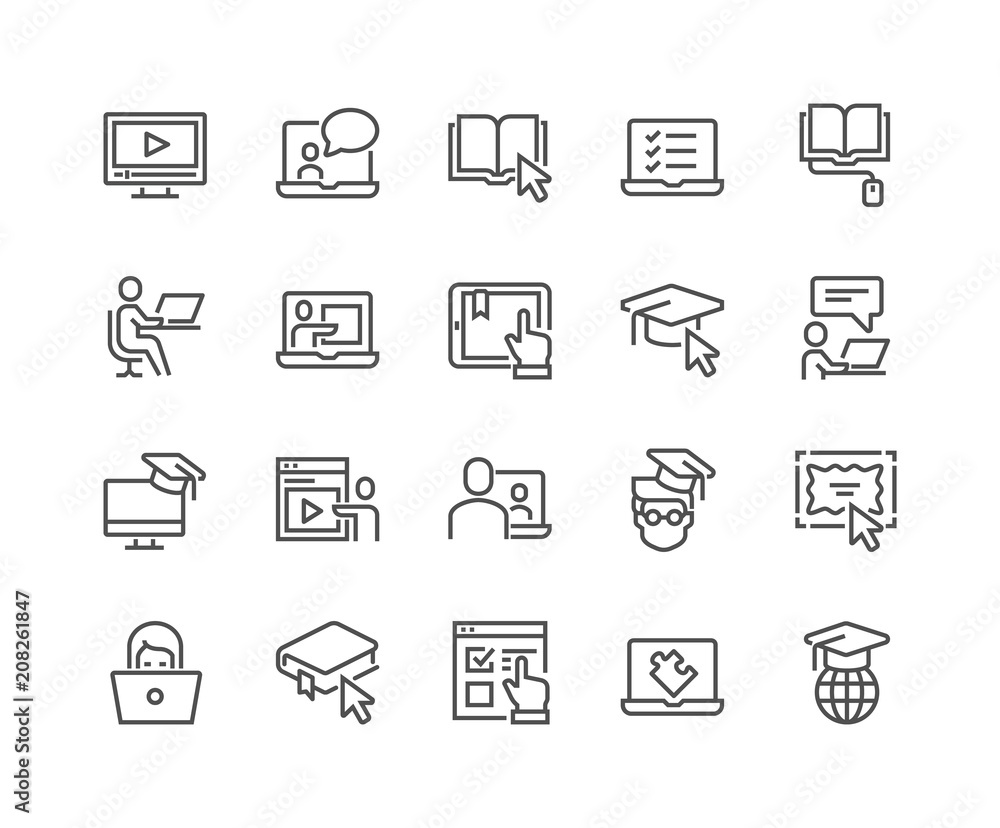 Simple Set of Online Education Related Vector Line Icons. Contains such Icons as Video Tutorial, E-book, On-line Lecture, Education Plan and more. Editable Stroke. 48x48 Pixel Perfect.