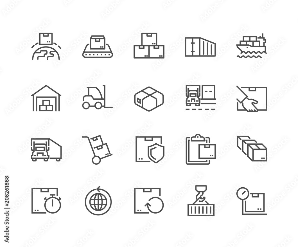 Fototapeta premium Simple Set of Package Delivery Related Vector Line Icons. Contains such Icons as Warehouse, Worldwide Shipping, Package Return and more. Editable Stroke. 48x48 Pixel Perfect.