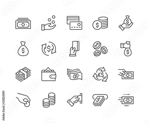 Simple Set of Money Related Vector Line Icons. Contains such Icons as Wallet, ATM, Bundle of Money, Hand with a Coin and more. Editable Stroke. 48x48 Pixel Perfect.