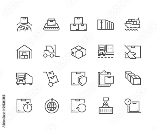 Simple Set of Package Delivery Related Vector Line Icons. Contains such Icons as Warehouse, Worldwide Shipping, Package Return and more. Editable Stroke. 48x48 Pixel Perfect.