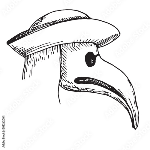 Sketch plague doctor head profile, with bird mask and hat