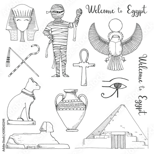 Set of elements of Egyptian culture. Vector illustration in sketch style.