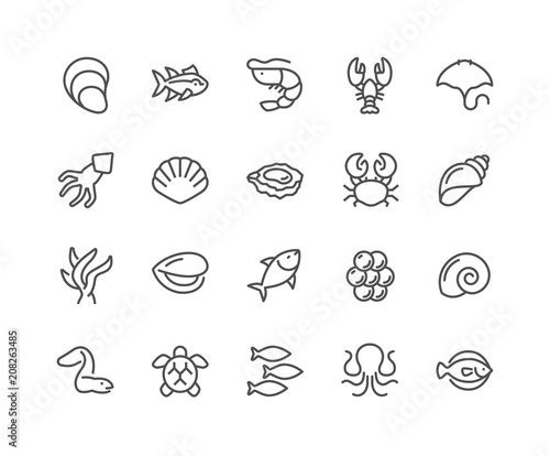 Simple Set of Sea Food Related Vector Line Icons. Contains such Icons as Shrimp, Oyster, Squid, Crab and more. Editable Stroke. 48x48 Pixel Perfect.