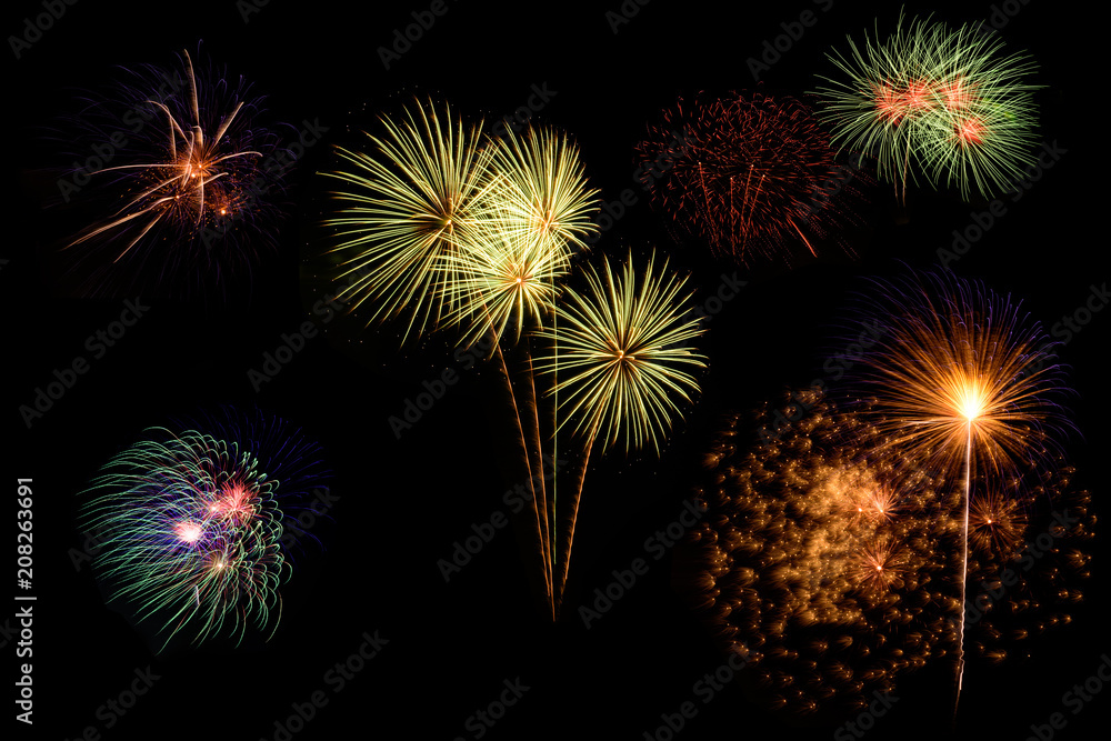 Set of colorful fireworks on black background.