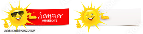 Cartoon Sonne präsentiert mit Daumen hoch Geste - Sommer Angebote Banner Set 