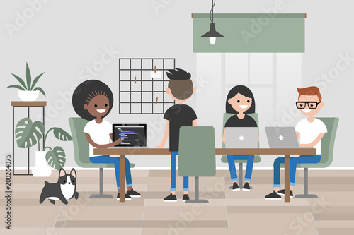 Millennials at work. Design bureau. Young people sitting and standing around long wooden table. Flat editable vector illustration, clip art