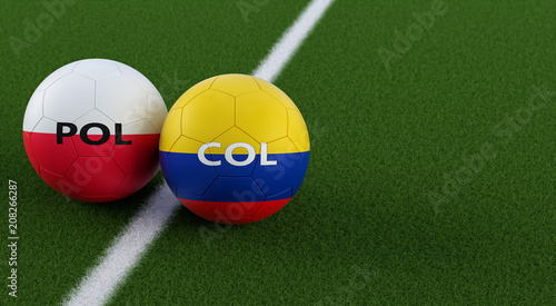 Poland vs. Colombia Soccer Match - Soccer balls in Polands and Colombias national colors on a soccer field. Copy space on the right side - 3D Rendering 