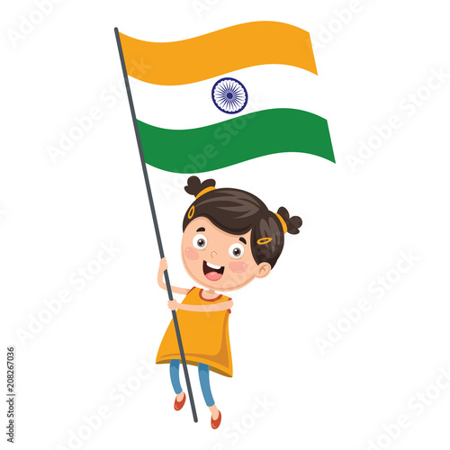 Vector Illustration Of Kid Holding Flag
