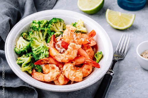 Spicy Shrimp Burrito Bowl with cilantro lime rice and broccoli