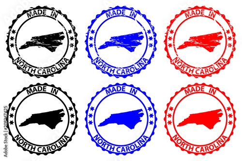 Made in North Carolina - rubber stamp - vector, North Carolina (United States of America) map pattern - black, blue  and red