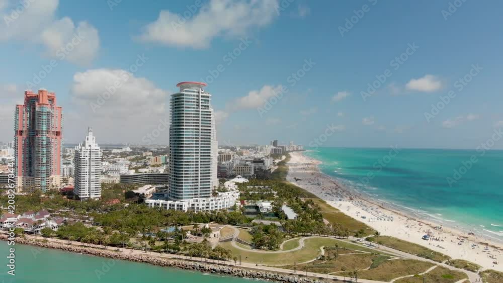 South Pointe Park aerial view. Beach and canal, Miami South Pointe Park aerial view. Beach and canal, Miami