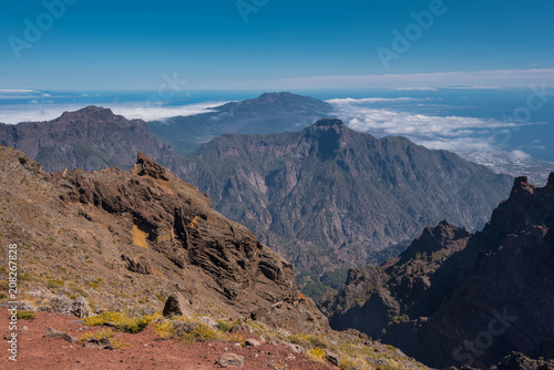 Volcanic landscape in Roque de los muchachos, highest peak of la Palma island, Canary island, Spain.