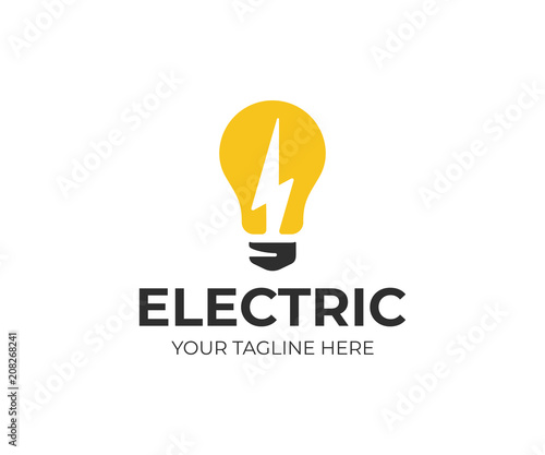 Light bulb and lightning bolt logo template. Electrical vector design. Lightbulb and flash logotype