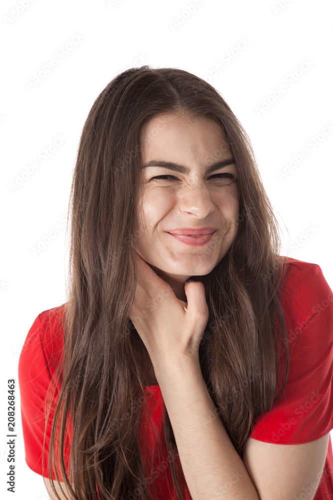Young woman in red dress on white background. Young woman in red dress on white background.