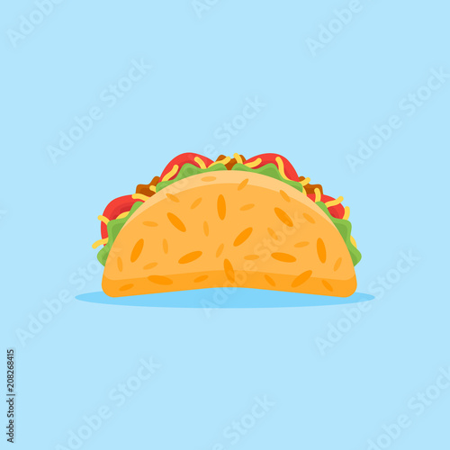 Taco isolated on blue background. Mexican fast food flat style icon. Vector illustration.