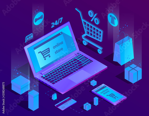 Vector 3d isometric concept of e-commerce, online store. Shopping service, payment by smartphone or laptop and delivery. Illustration in purple, ultraviolet colors.