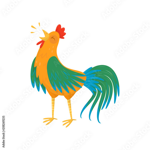Cartoon rooster character singing song. Male domestic fowl. Farm bird. Flat vector element for advertising, postcard or sticker