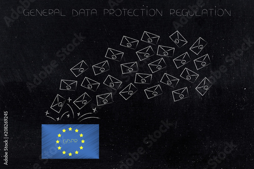 europe flag with GDPR text and bunch of emails going in or out of it