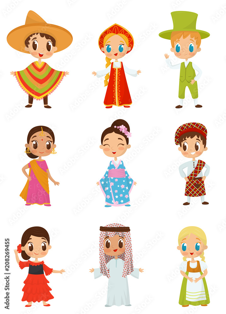 Flat vector set of little kids in different national costumes. Boys and girls wearing traditional clothes