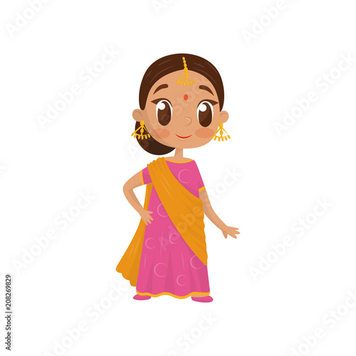 Flat vector icon of beautiful little girl dressed in traditional Indian sari. Cute child in national silk dress