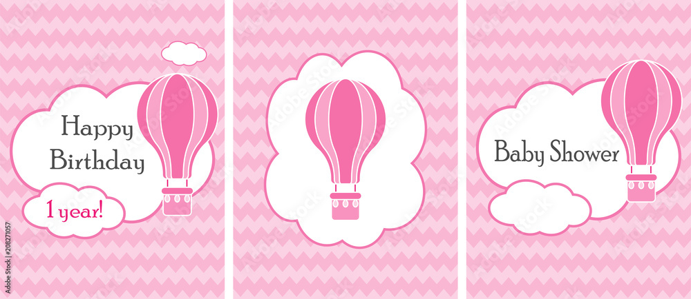 Set of baby shower and happy birthday design card, cute air balloon on pink shevron background, vector illustration
