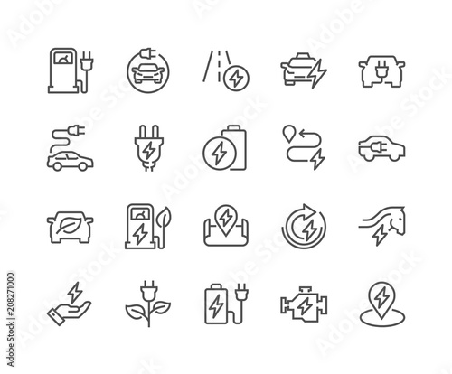 Simple Set of Electro Car Related Vector Line Icons. Contains such Icons as Charger Station  Travel Distance  Torque  Power and more. Editable Stroke. 48x48 Pixel Perfect.