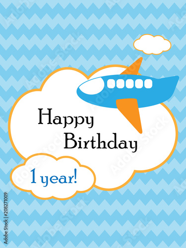 Happy birthday design card, cute air plane on blue shevron background, vector illustration photo