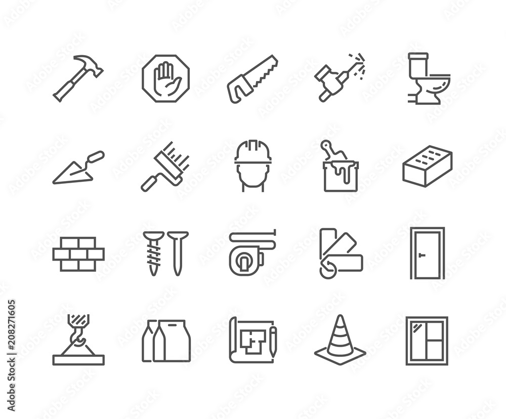 Simple Set of Construction Related Vector Line Icons. Contains such Icons as Welding, Crane, Hammer, Nails and more. Editable Stroke. 48x48 Pixel Perfect. Simple Set of Construction Related Vector Line Icons. Contains such Icons as Welding, Crane, Hammer, Nails and more. Editable Stroke. 48x48 Pixel Perfect.