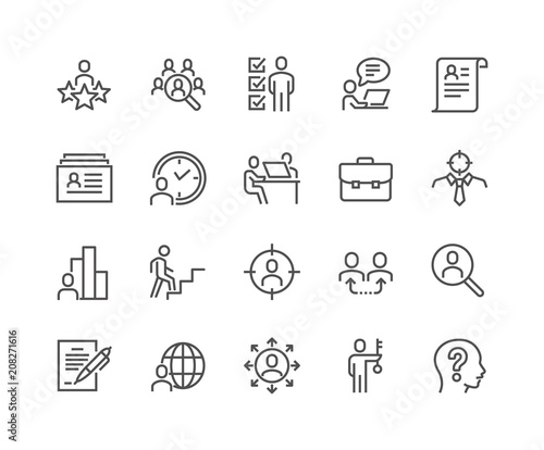 Simple Set of Head Hunting Related Vector Line Icons. Contains such Icons as Job Interview, Career Path, Resume and more. Editable Stroke. 48x48 Pixel Perfect.