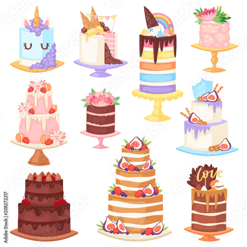 Birthday cake vector cheesecake cupcake for happy birth party baked chocolate cake and dessert from bakery set illustration isolated on white background