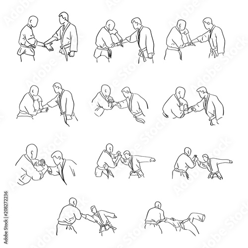 martial arts with hand lock self defense vector illustration sketch doodle hand drawn with black lines isolated on white background. Step by step.