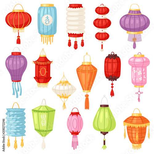 Chinese lantern vector traditional colorful lantern-light and oriental decoration of china culture for asian celebration illustration set of festival decor light isolated on white background