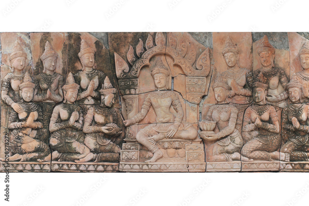 Obraz premium broken piece of ancient stone carving king and concubine harem statue at Temple, Cambodia vintage old souvenir home decoration,