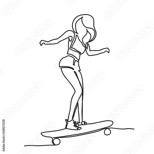 Skate girl continuous line icon. Endless hand drawn doodle vector illustration