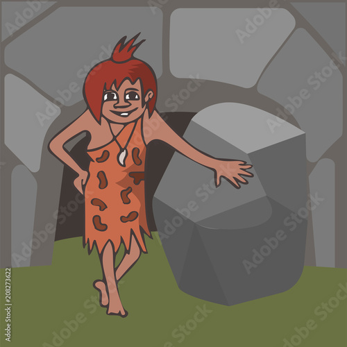 caveman girl near the cave entrance