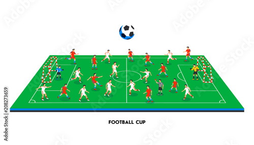 3D isometric football field with football teams. Sport theme, soccer sports field, stadium. Colorful football players on different positions playing soccer. vector illustration in flat style