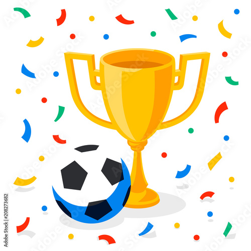 Winner gold cup, football ball and confetti on white background. First place prize. Sport winners goblet. Football or soccer championship. Tropy reward. Flat cartoon style