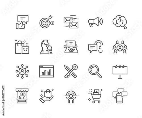 Simple Set of Marketing Related Vector Line Icons. Contains such Icons as Mail Marketing, Target Audience, Keywording, Product Presentation and more. Editable Stroke. 48x48 Pixel Perfect.