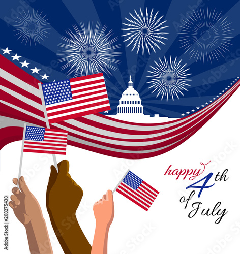 4th of July Independence Day placard, banner or greeting card. Patriotic American background with abstract USA flag and White house and Capitol building Washington DC symbol. Vector illustration