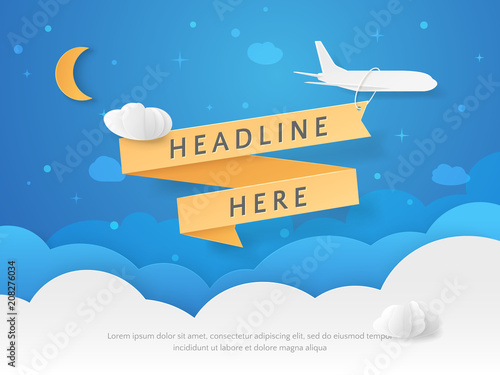 Vector illustration with 3D paper cut objects (airplane, moon, clouds and ribbon). Template in paper style for travel flyers, trip leaflet, posters and banners. Carving art with night blue background.