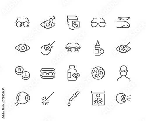 Fototapeta Naklejka Na Ścianę i Meble -  Simple Set of Optometry Related Vector Line Icons. Contains such Icons as Eye Exam, Laser Surgery, Eyeball, Glasses and more. Editable Stroke. 48x48 Pixel Perfect.