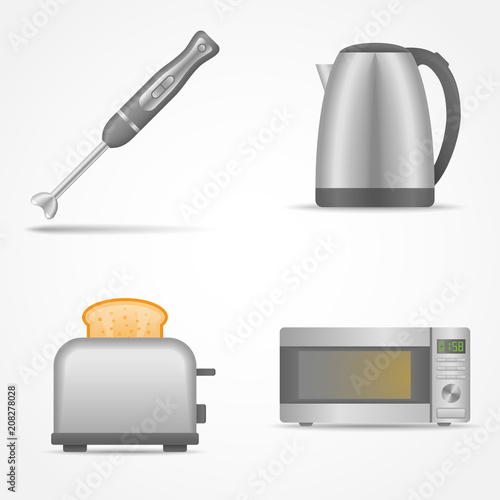 Set of kitchen electric appliances isolated on white background. Blender, kettle, toaster, microwave oven. Vector illustration.